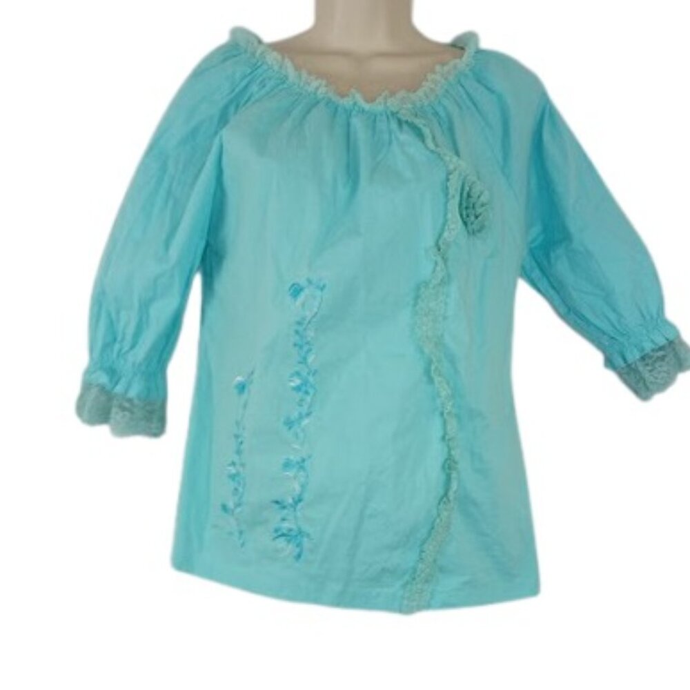 SWC Womens Off The Shoulder Blouse Blue Floral Embroidered Lace Trim S